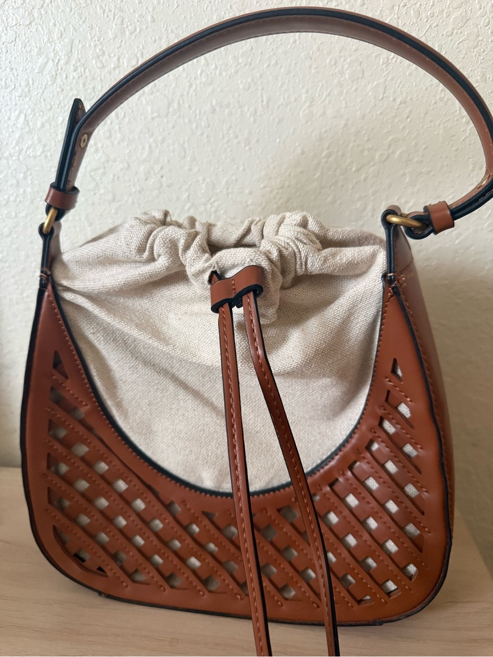 Zara Tan Cutout Drawstring Crossbody with Cream Pouch